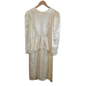 Vintage Peplum Dress Womens Size 6 White Silky 80s Glam Rock Retro Party Mod